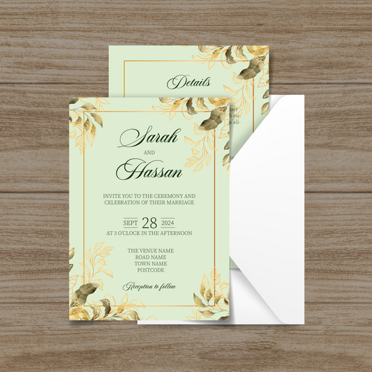 Custom Elegant Green and Gold Wedding Invitation Set